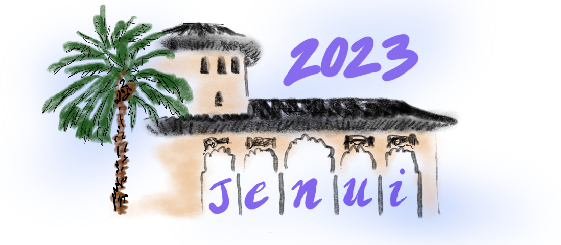 Logo de JENUI, es un dibujo de un edificio árabe con una palmera y las letras de jenui escritas una en cada arco del edificio